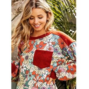 BiBi Colorful Floral Sweatshirt with Red Details